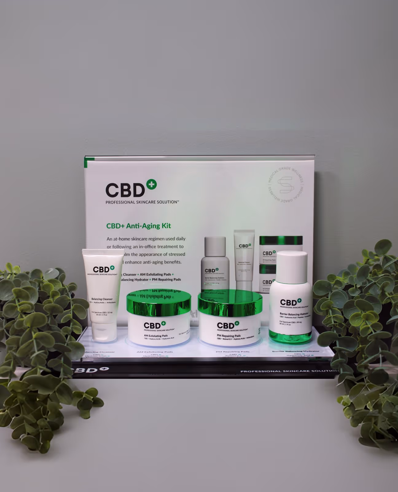 A display of cbd products on a shelf.