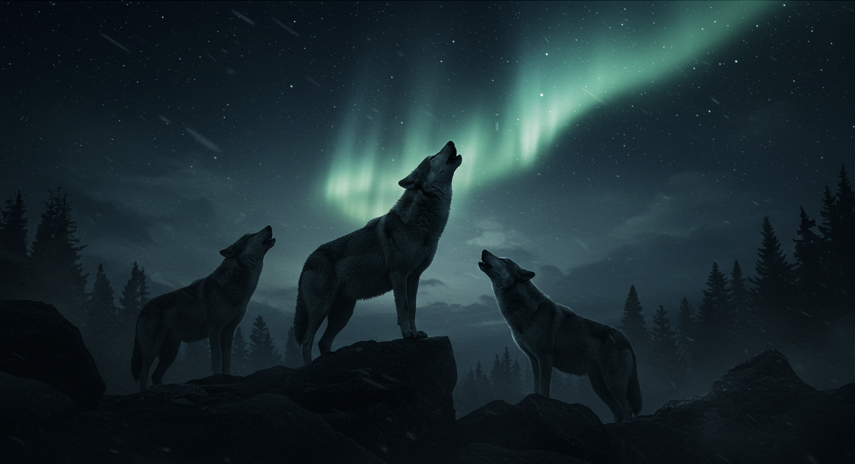 a picture of 3 wolves howling at the moon