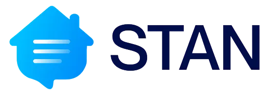 Blue house-shaped logo with chat bubble for Stan brand