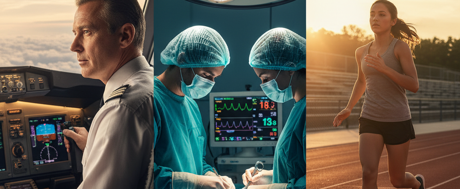 Triptych: airline pilot in cockpit, two surgeons in operating theatre, woman jogging on a track at sunset — readiness across professions.