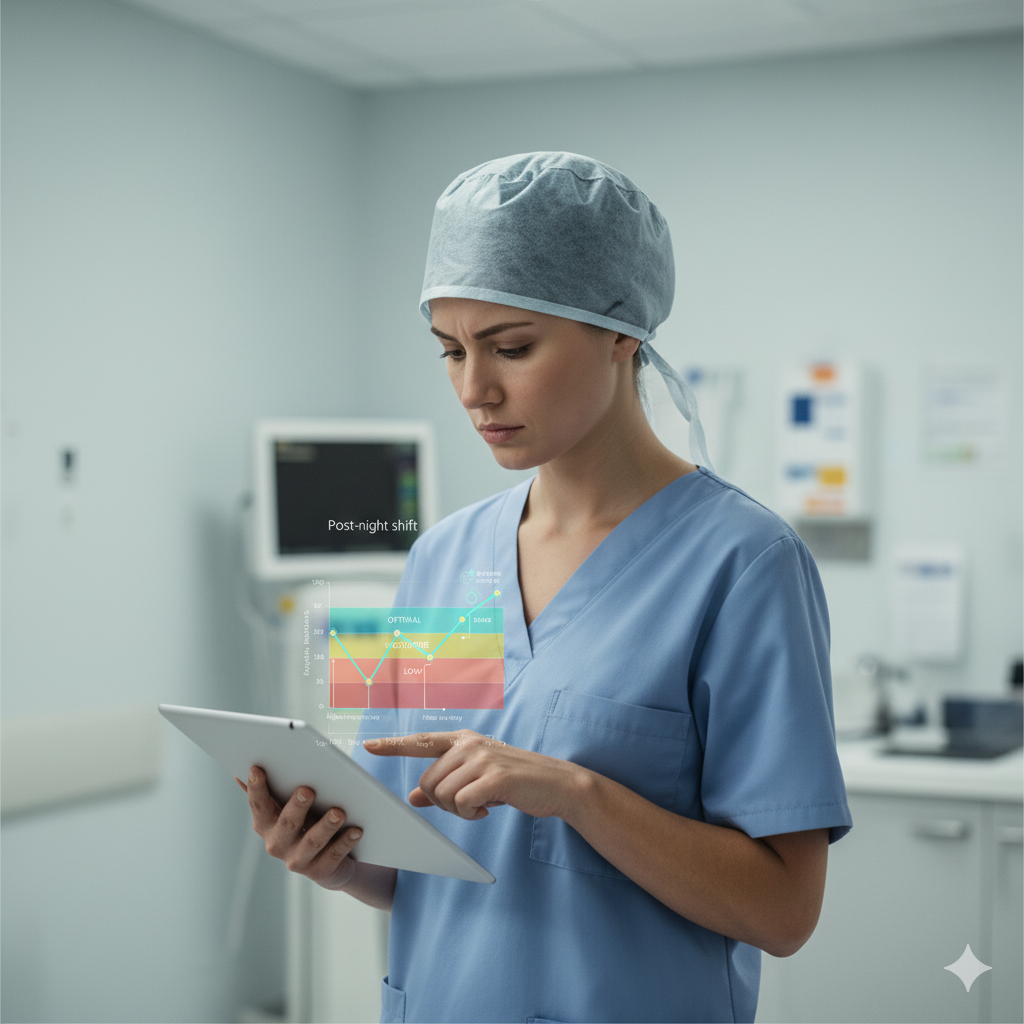 Female healthcare worker in scrubs and a cap looking at a tablet with a transparent digital chart display in a medical setting.