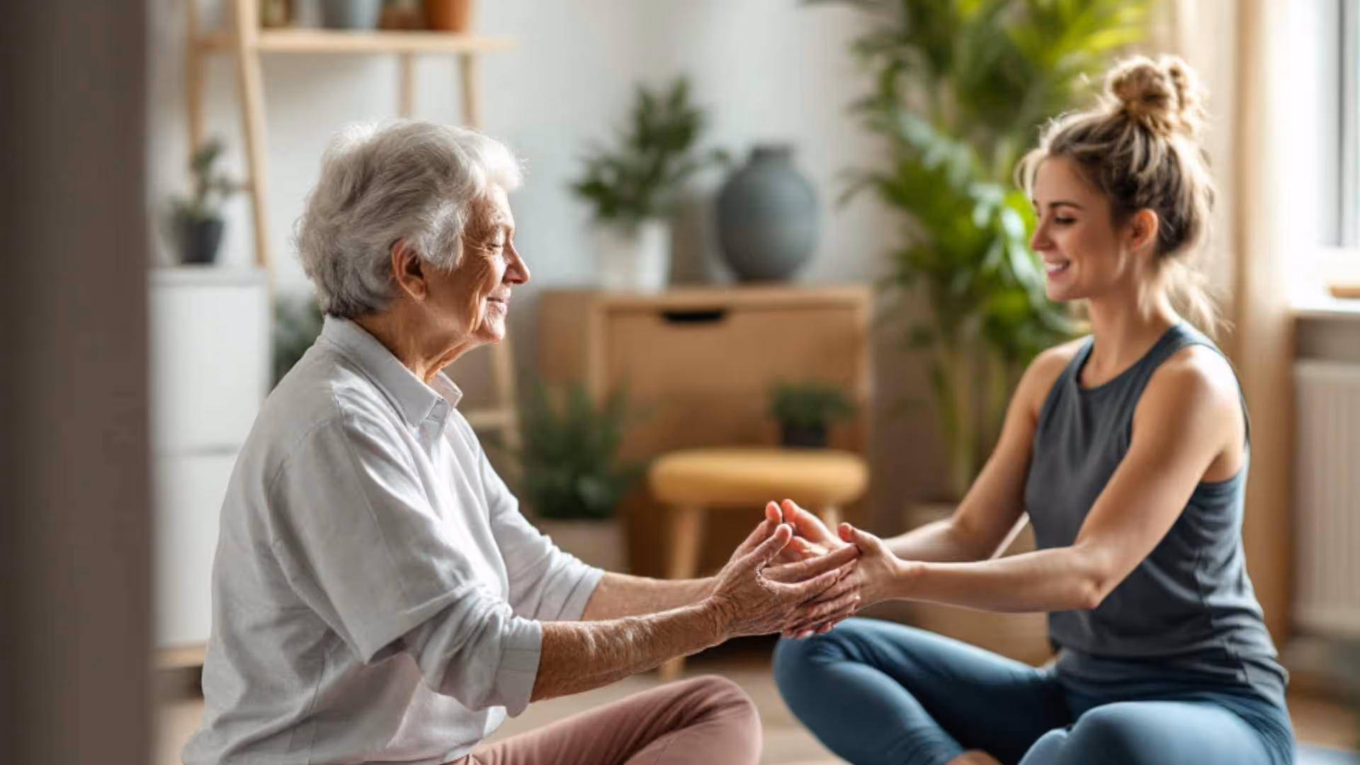Private yoga session between a yoga instructor and a senior woman