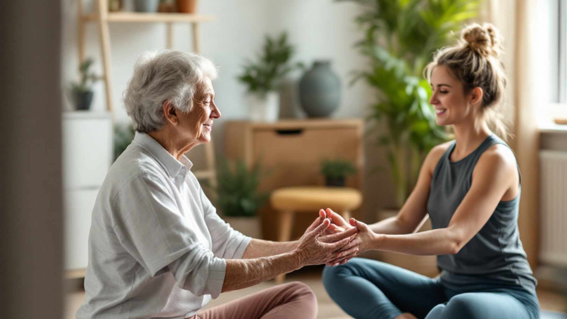 Private yoga session between a yoga instructor and a senior woman