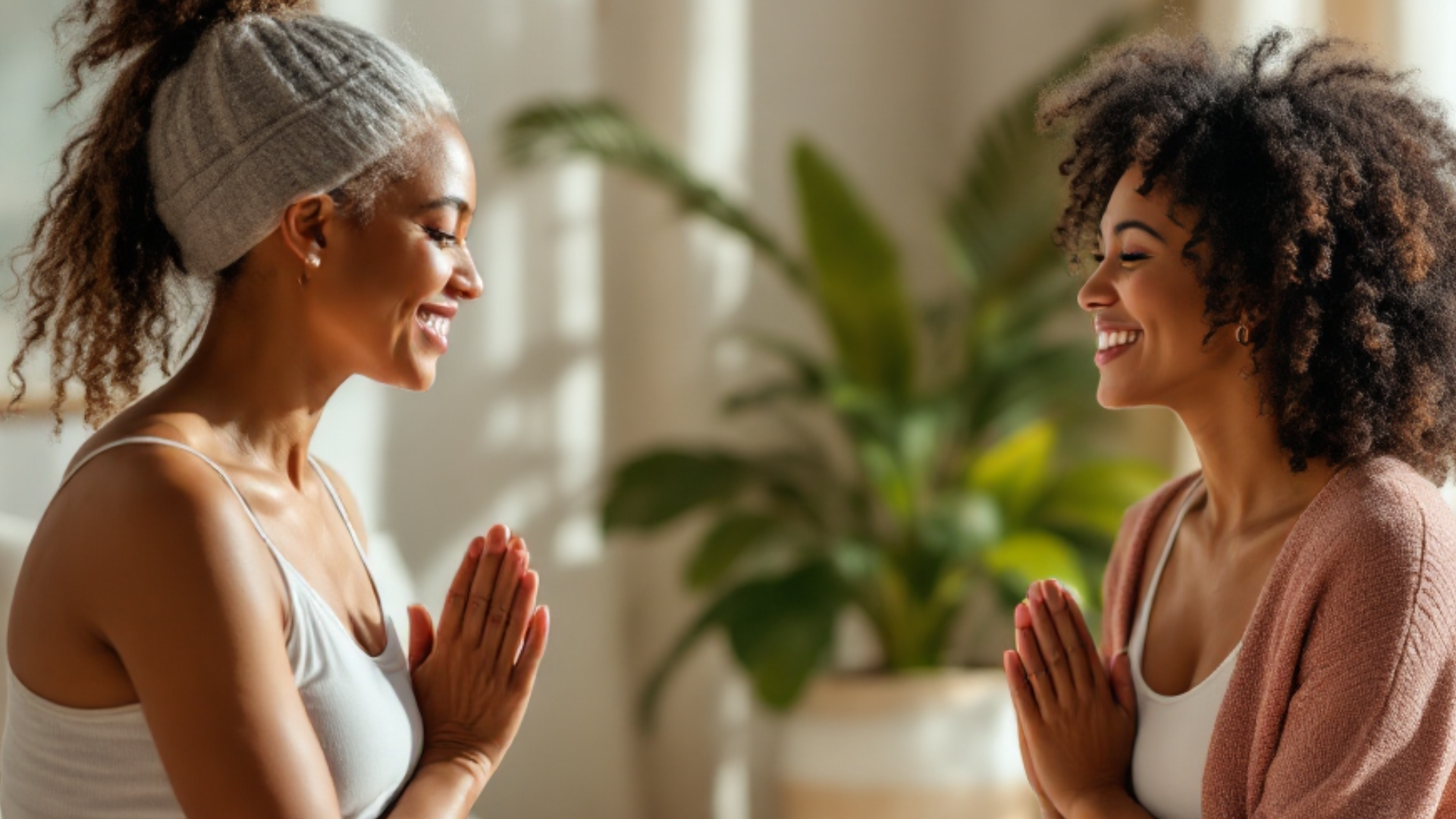 Private gentle yoga session between two women.