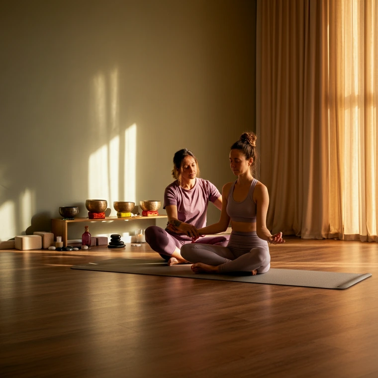 Private vinyasa yoga session between two women