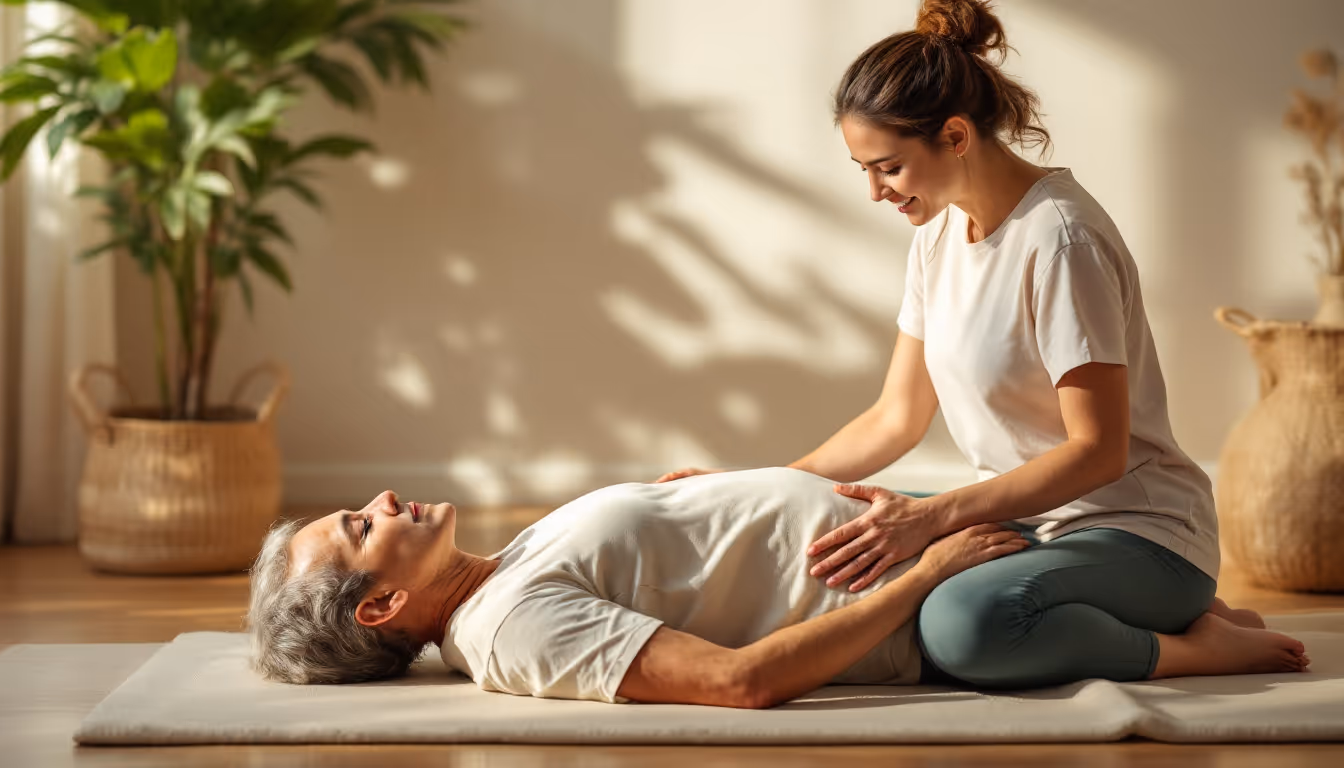 A yoga teacher guiding a senior student through a restorative yoga pose in a calm, sunlit studio. Both wear comfortable yoga clothes in Bliss Yoga Collective brand colors—lavender, vitality orange, harmony green, earthy brown, and soul cream. The scene con