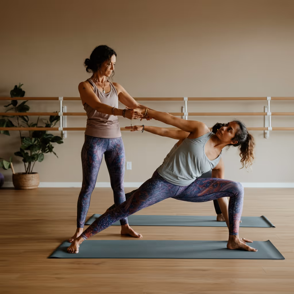 active yoga class led by a strong, confident teacher guiding students through dynamic postures like warrior, plank, or vinyasa flow