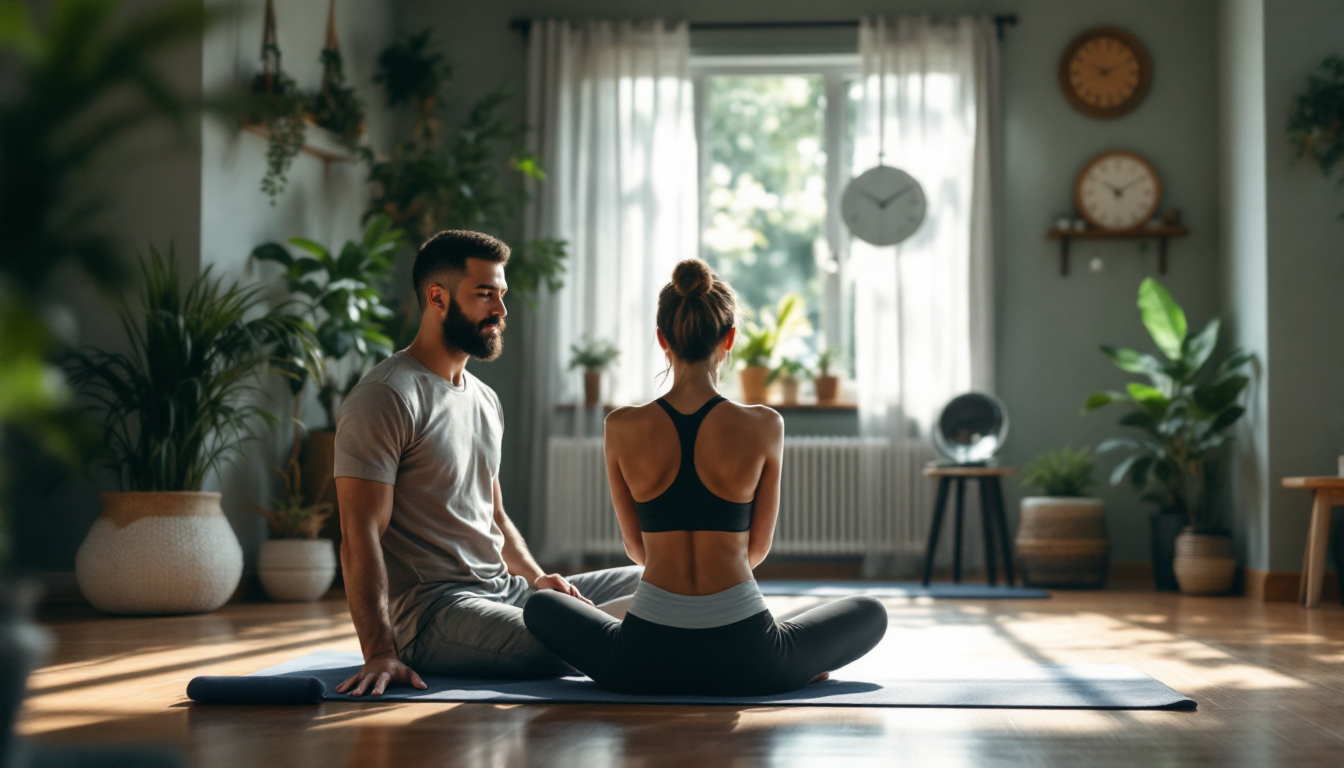 Male intermediate student practicing seated pose with private instructor