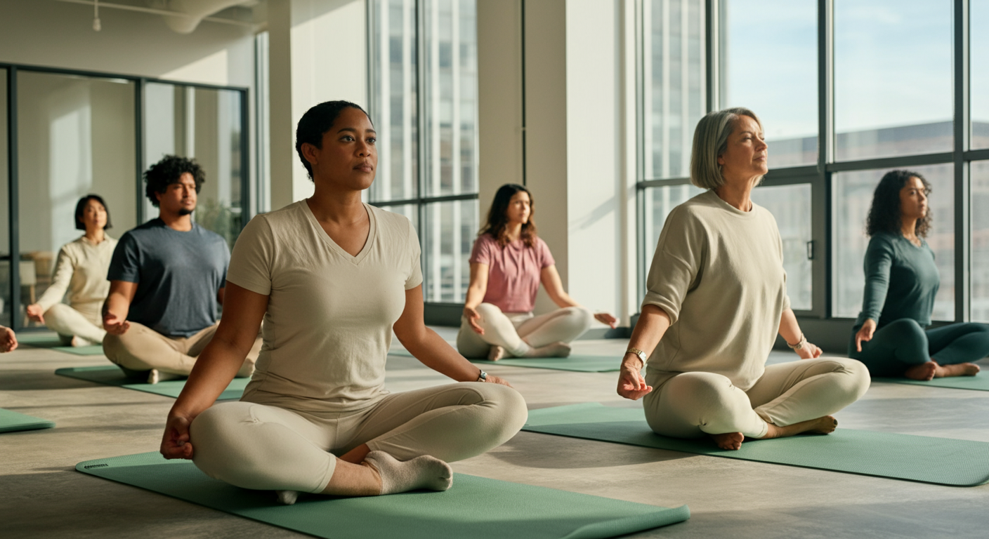 group of people taking workplace yoga