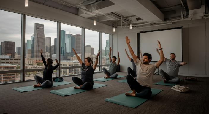 people taking a yoga class at the office