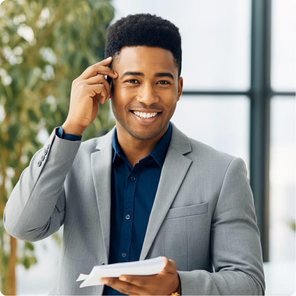 Man in grey suite holding a paper