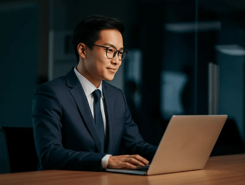Man in a suite looking at his laptop