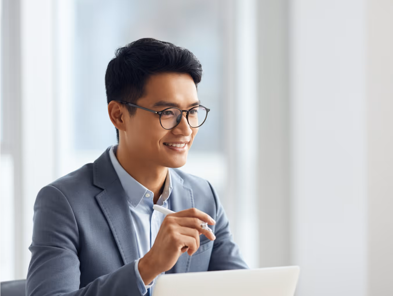 Man inn grey suite looking at his laptop