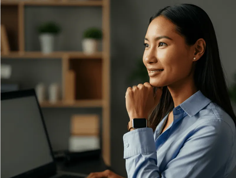 woman holding her hand underneath  her chin.
