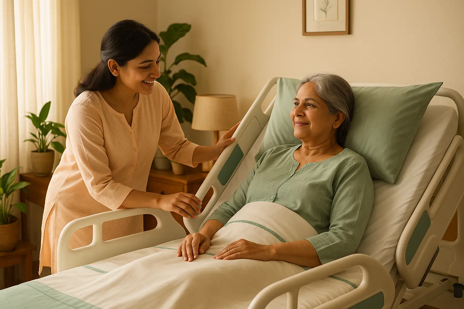 Caregiver smiling while assisting an elderly woman resting on an adjustable hospital bed at home, illustrating Healthy Jeena Sikho’s ICU-at-home and hospital-bed-rental service in Delhi.