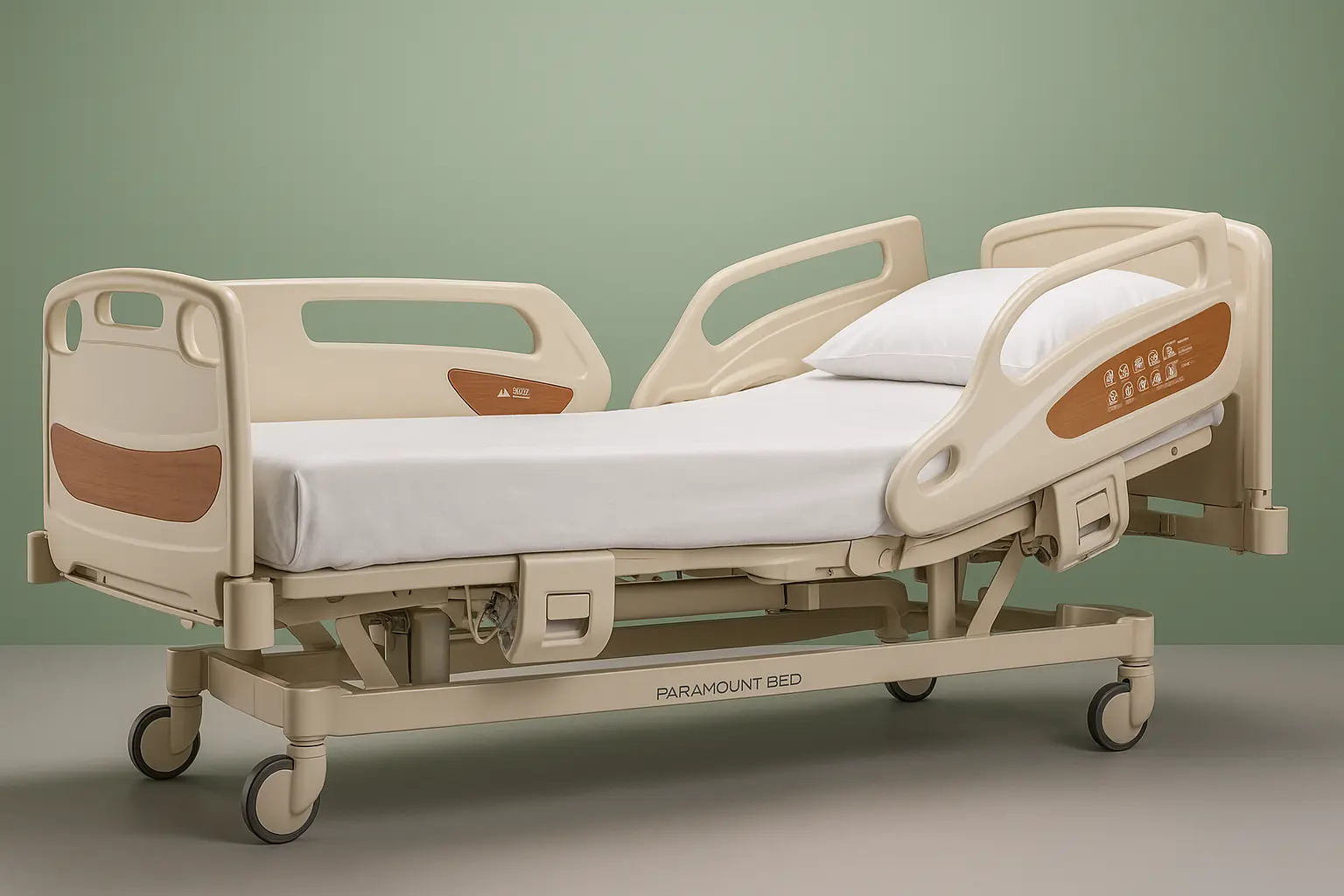Paramount 5-function electric hospital bed with side-rails and wheels, ideal for patient home care and rental from Healthy Jeena Sikho in Delhi.