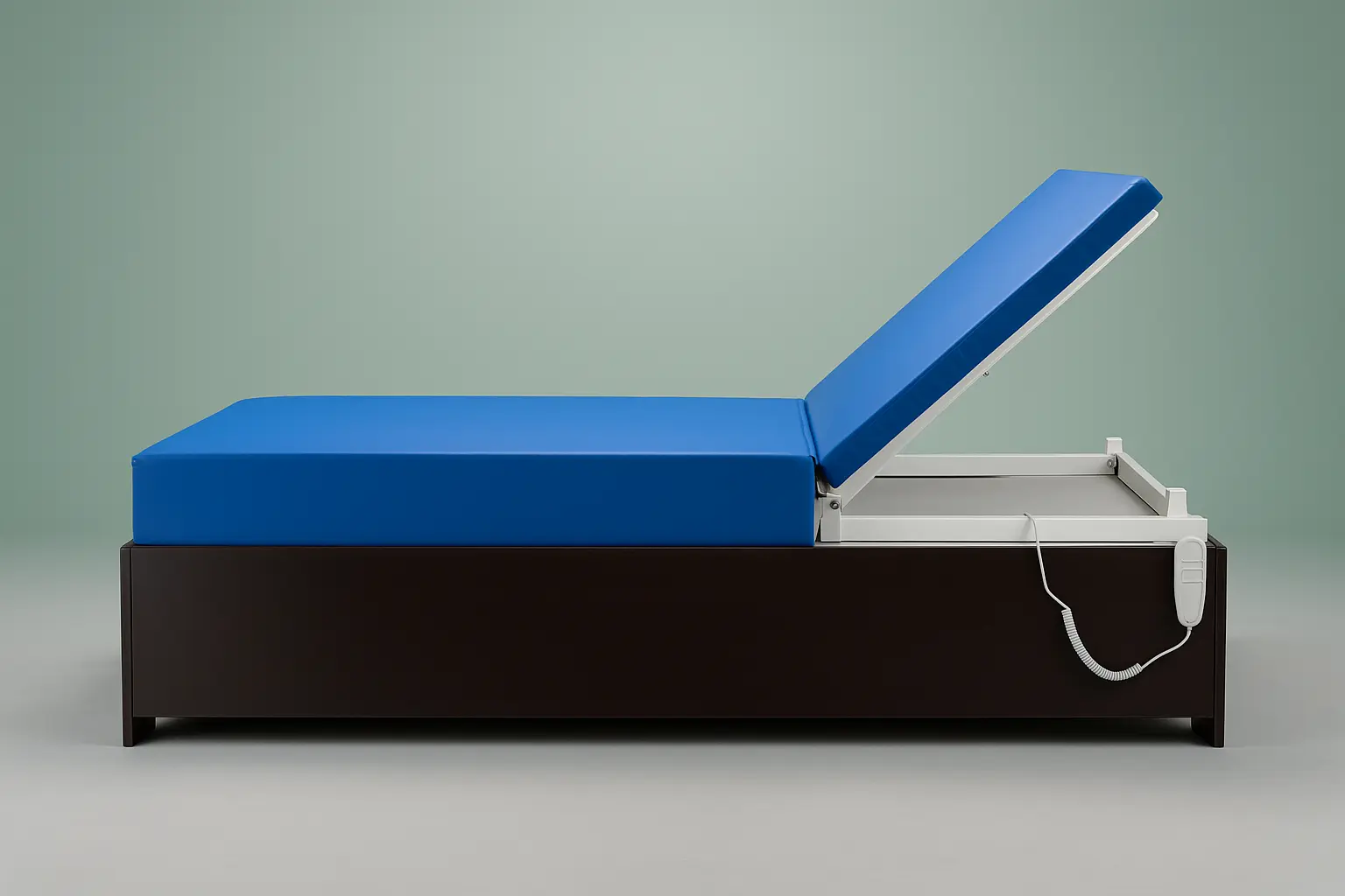 Electric recliner patient bed with adjustable backrest, blue medical mattress, and wired remote—suitable for comfortable home care and available for rent from Healthy Jeena Sikho in Delhi.