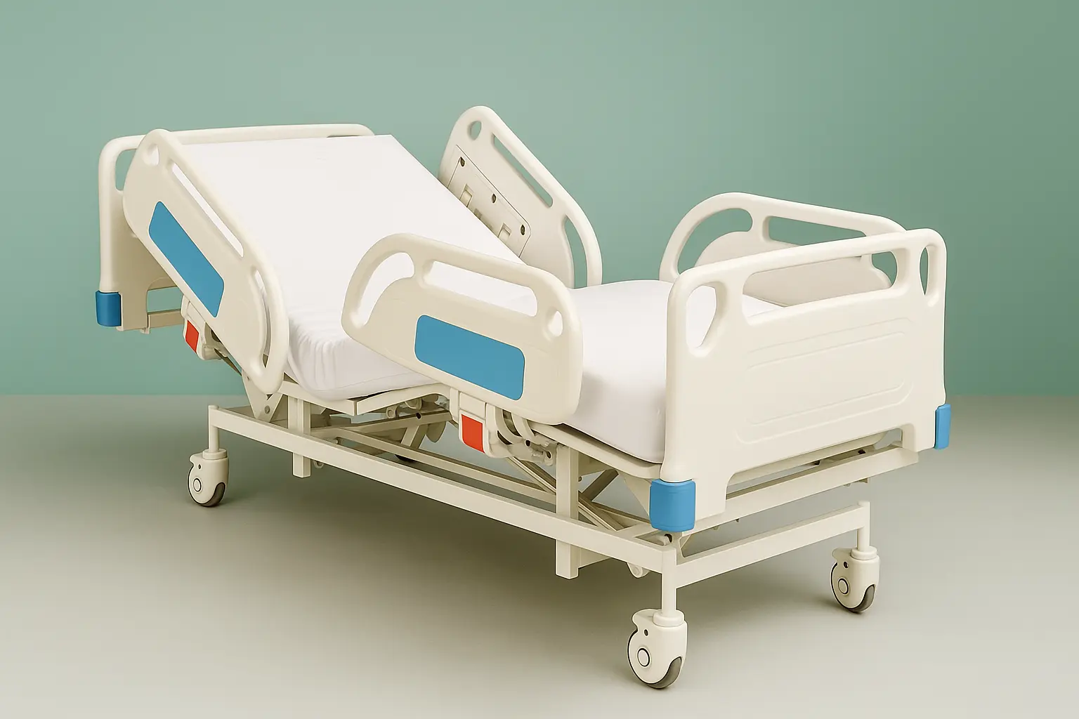 Three-function electric hospital bed with adjustable head and leg sections, protective side-rails, and caster wheels—ideal ICU-grade patient bed available for rent from Healthy Jeena Sikho in Delhi.