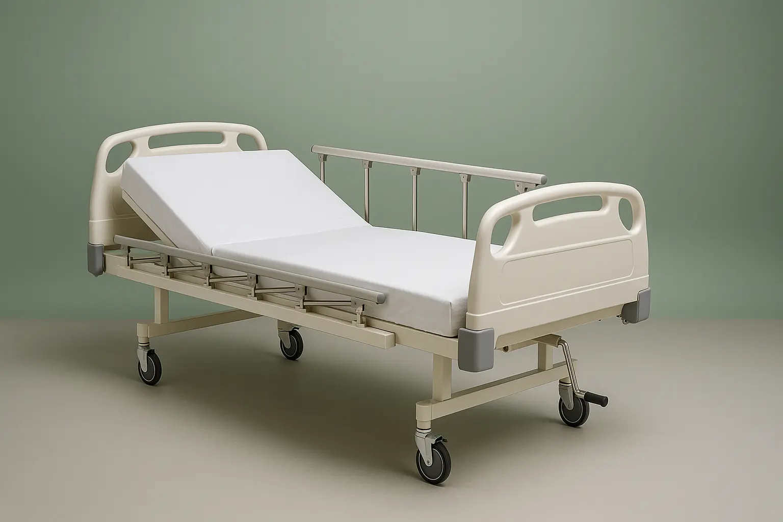 Two-function manual hospital bed with adjustable backrest and collapsible side-rail, operated by foot-end crank and mounted on caster wheels—ideal for patient home care and available for rent from Healthy Jeena Sikho in Delhi, India.
