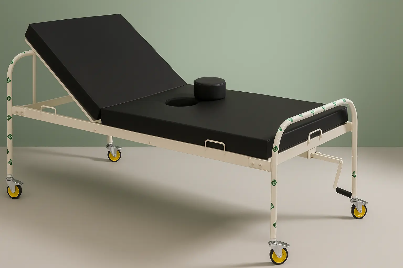 Semi-Fowler commode bed with adjustable backrest, removable cushion over commode opening, manual crank, and smooth-rolling caster wheels—ideal for post-surgery patient care at home and available for rent from Healthy Jeena Sikho in Delhi, India.