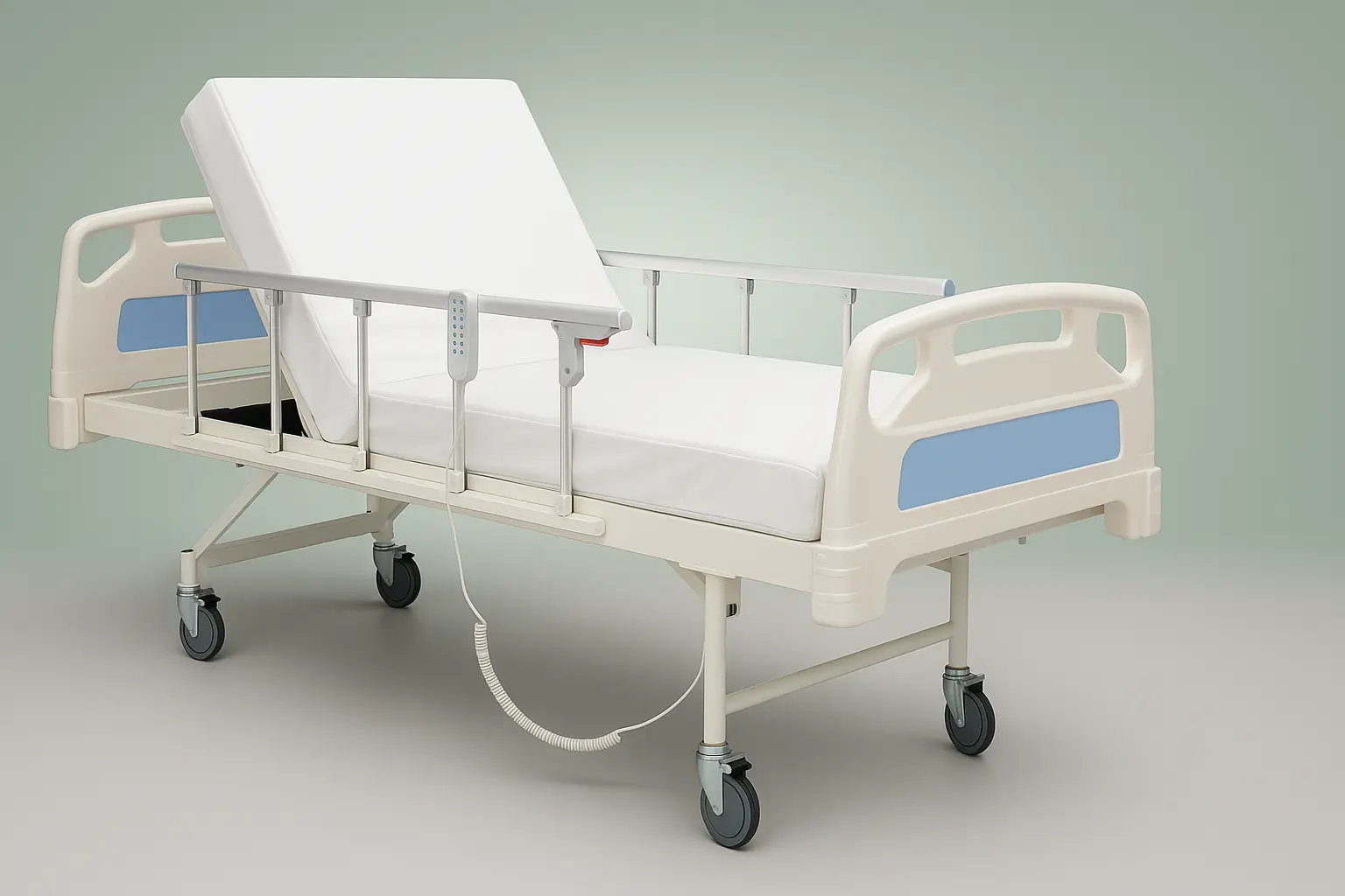 One-function electric hospital bed with wired remote control, adjustable backrest, stainless steel side-rails, and lockable caster wheels—perfect for home ICU care and available for rent from Healthy Jeena Sikho in Delhi, India.