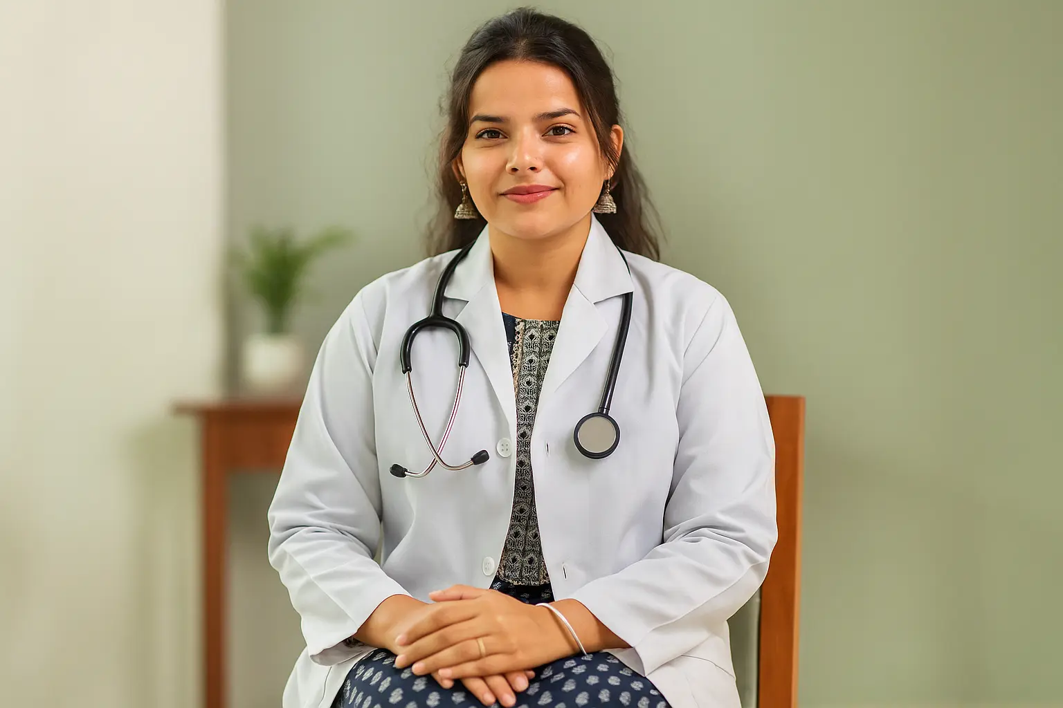 Female home care doctor sitting with stethoscope, offering compassionate at-home medical consultation—Healthy Jeena Sikho doctor at home service in Delhi, India.