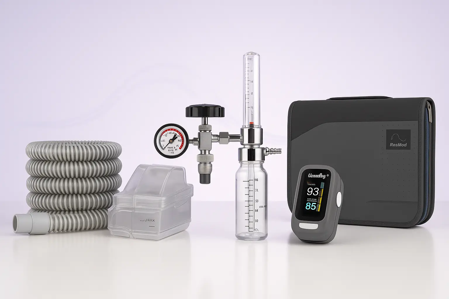 Complete oxygen-therapy accessories kit displayed on a white surface, featuring coiled breathing hose, humidifier chamber, pressure regulator with flowmeter gauge, glass bubbler bottle, fingertip pulse oximeter, and zipped ResMed carry case—showcasing quality home-care supplies from Healthy Jeena Sikho.