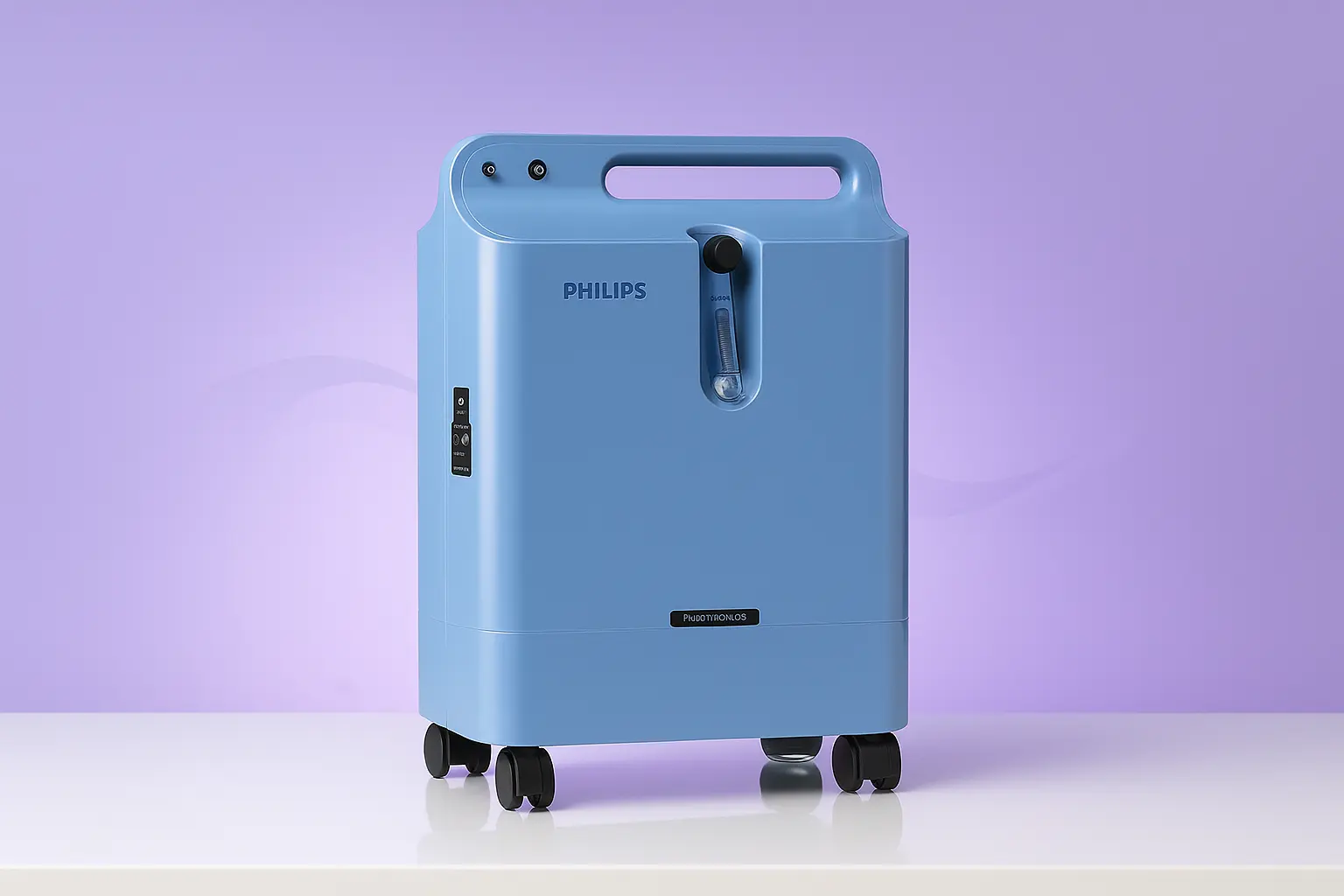 Philips EverFlo 5-liter oxygen concentrator in blue, compact stationary unit with caster wheels and built-in handle—ideal for continuous home oxygen therapy, showcased by Healthy Jeena Sikho.