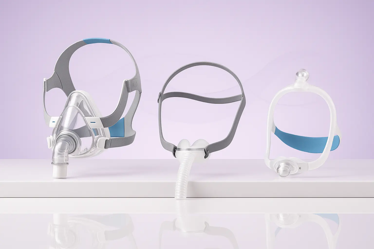 Trio of ResMed CPAP masks—full-face, nasal pillow, and nasal cradle—displayed together, highlighting Healthy Jeena Sikho’s sleep-apnea therapy options.