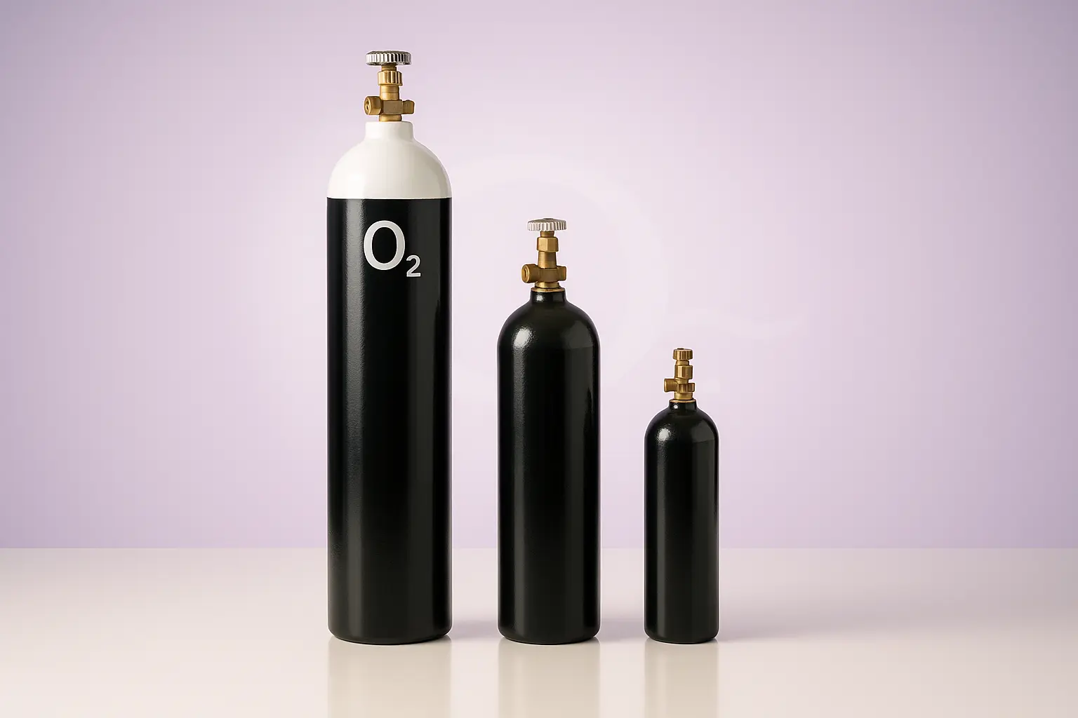 Three black medical oxygen cylinders in B, D, and jumbo sizes with brass valves—illustrating versatile oxygen supply options for home therapy from Healthy Jeena Sikho.
