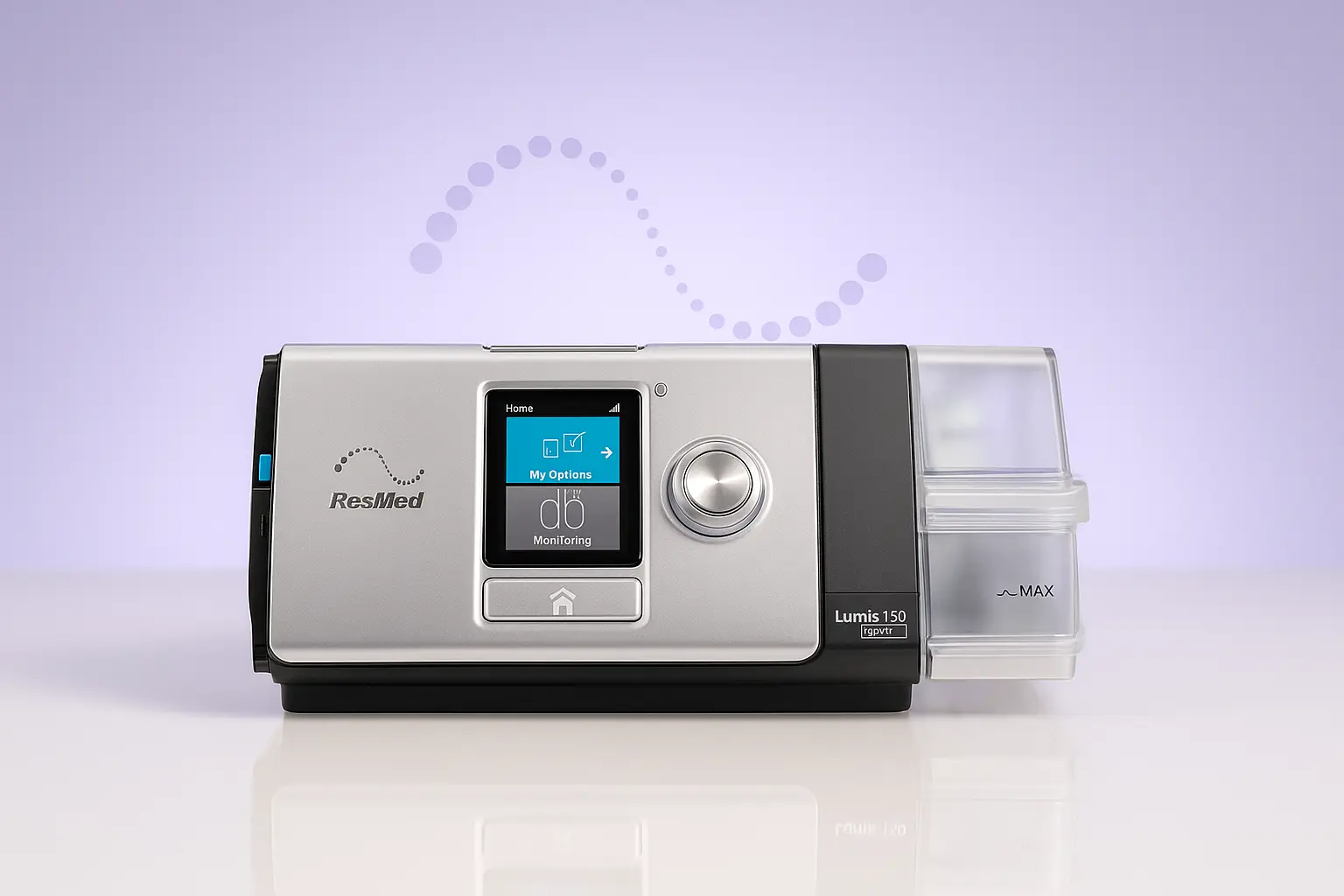 Studio product shot of a ResMed AirCurve BiPAP machine with integrated humidifier, illustrating reliable sleep-apnea therapy equipment from Healthy Jeena Sikho.