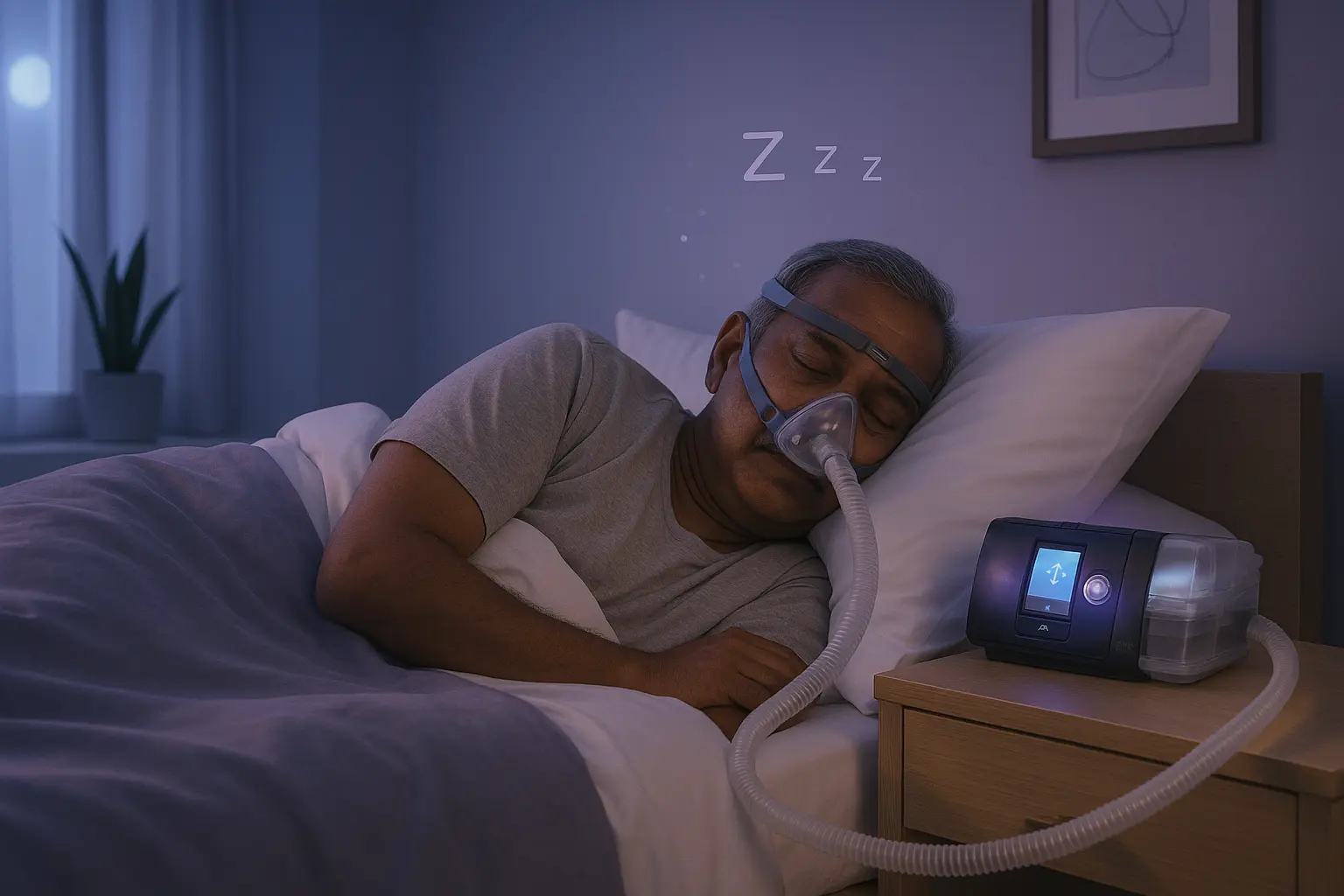 Older man side-sleeping peacefully at night with a full-face BiPAP mask connected to a bedside device—showcasing quiet, effective home sleep-apnea therapy from Healthy Jeena Sikho.