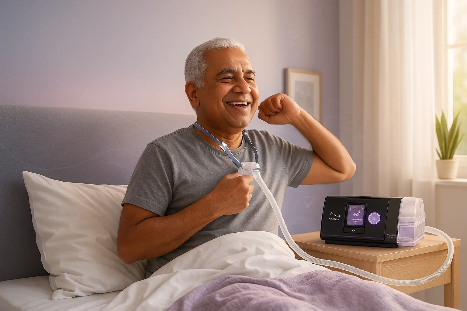 Older man waking up refreshed and smiling while removing a nasal BiPAP mask connected to a bedside device—demonstrating comfortable home sleep-apnea therapy from Healthy Jeena Sikho.
