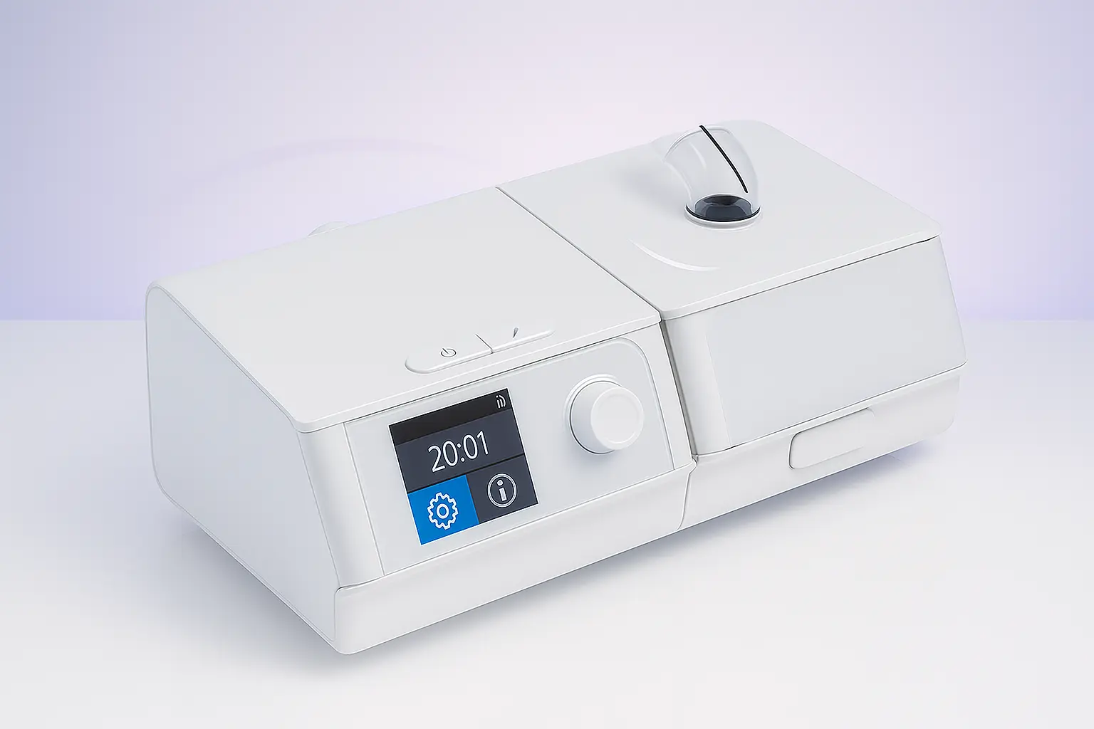 Niscomed 30T BiPAP machine for sleep apnea therapy, featuring a digital display showing time and settings, a control knob, and an integrated humidifier chamber, photographed on a light purple background.