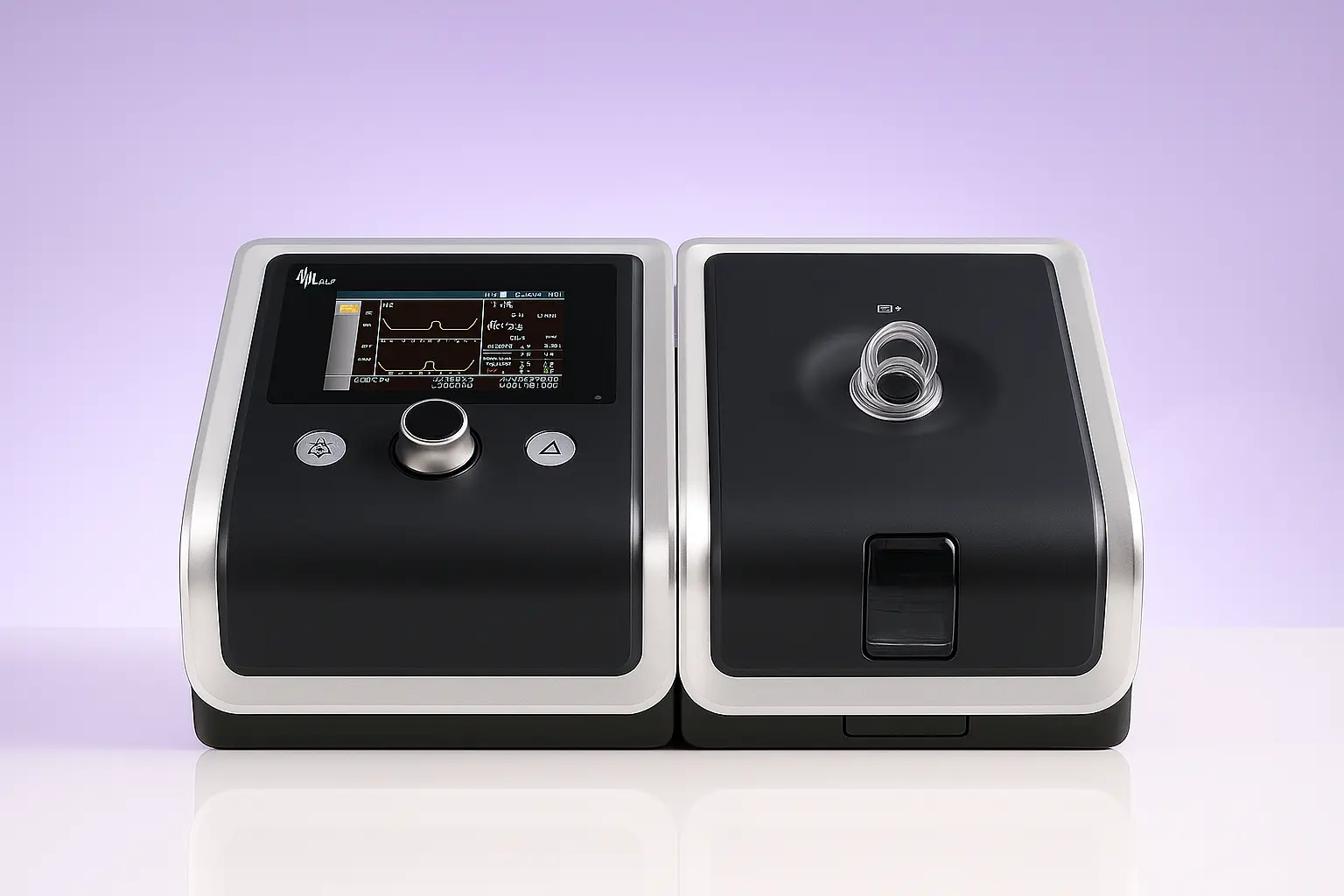 BMC 30T BiPAP machine for sleep apnea therapy, featuring a color display showing waveform and settings, control buttons, a central dial, and an integrated humidifier port, set against a light purple background.