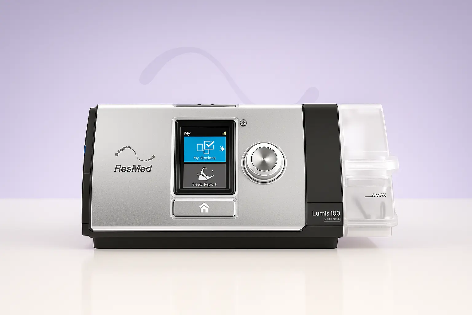 ResMed Lumis 150 ST-A device for COPD and chronic respiratory failure therapy, featuring a color display with menu options, a control knob, and an attached humidifier chamber, photographed against a light purple background.