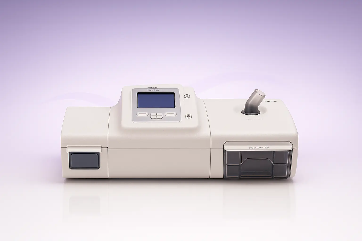 Philips A40 ventilator for respiratory support, featuring a digital display with control buttons, a top air outlet, and an integrated humidifier chamber, photographed against a light purple background.