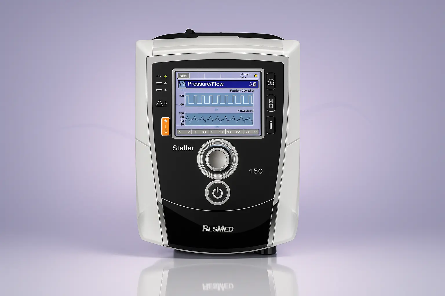 ResMed Stellar 150 non-invasive ventilator, featuring a color display with pressure and flow waveforms, control buttons, a central adjustment dial, and a power button, photographed against a light purple background.