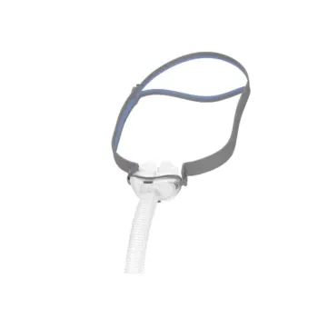 A minimalist AirFit P10 nasal pillow CPAP mask with a gray and blue head strap and a small clear plastic nasal cushion, against a white background.