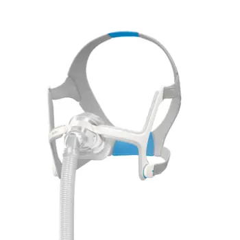 A sleek nasal CPAP mask with gray fabric headgear, blue accents, and a clear cushion, shown against a plain white background.