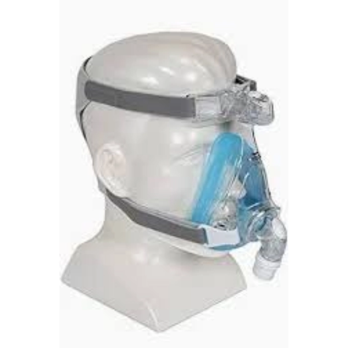 Side view of Philips Respironics Amara Gel Full Face CPAP Mask mounted on a mannequin head, featuring blue gel cushion and adjustable headgear straps.
