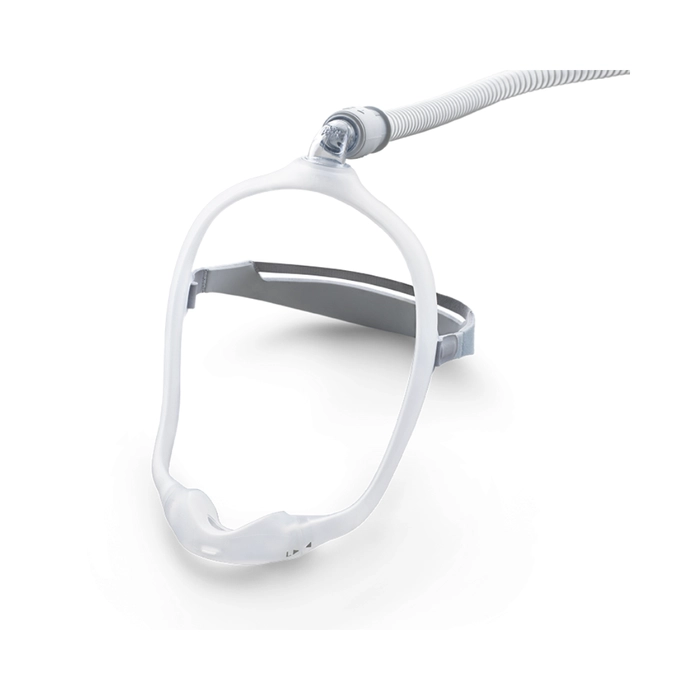 Philips DreamWear nasal CPAP mask with silicone frame and top-of-head hose connection, offering a clear field of vision and minimal facial contact.