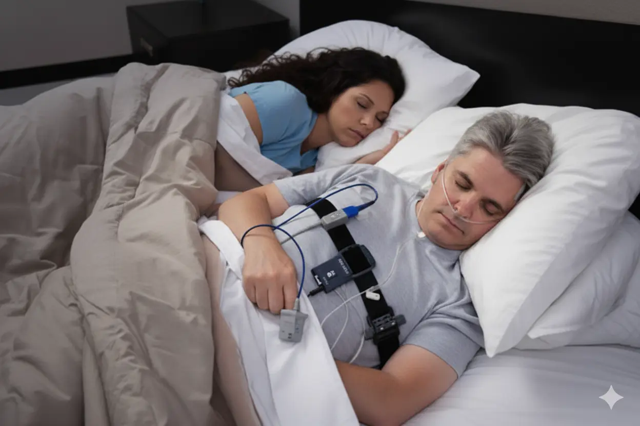 A person with sensors attached to their head is sleeping peacefully on their side in a dimly lit bedroom. A portable sleep monitoring device rests on a nightstand, and another is on the bed beside them. The scene captures a realistic view of an at-home sleep study.