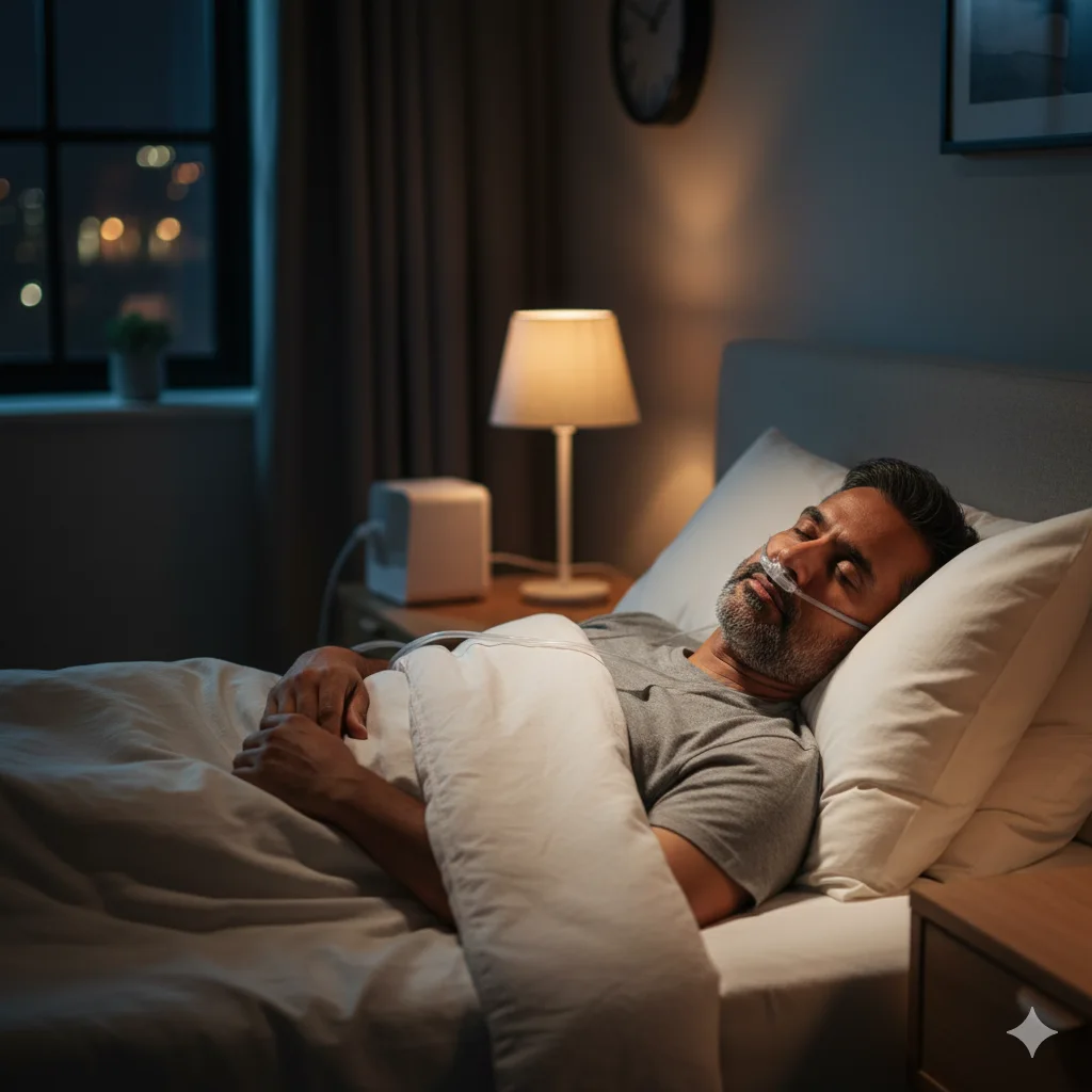 A man peacefully sleeping in bed at night while wearing a nasal cannula for CPAP therapy, with a CPAP machine on the bedside table.