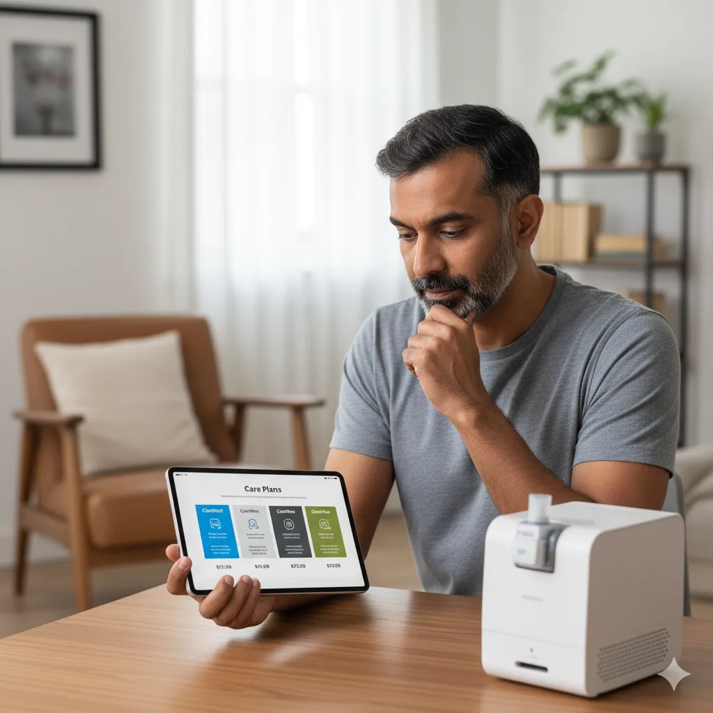A man sitting at a table, thoughtfully comparing different CPAP care plans displayed on a tablet, with a CPAP machine beside him.