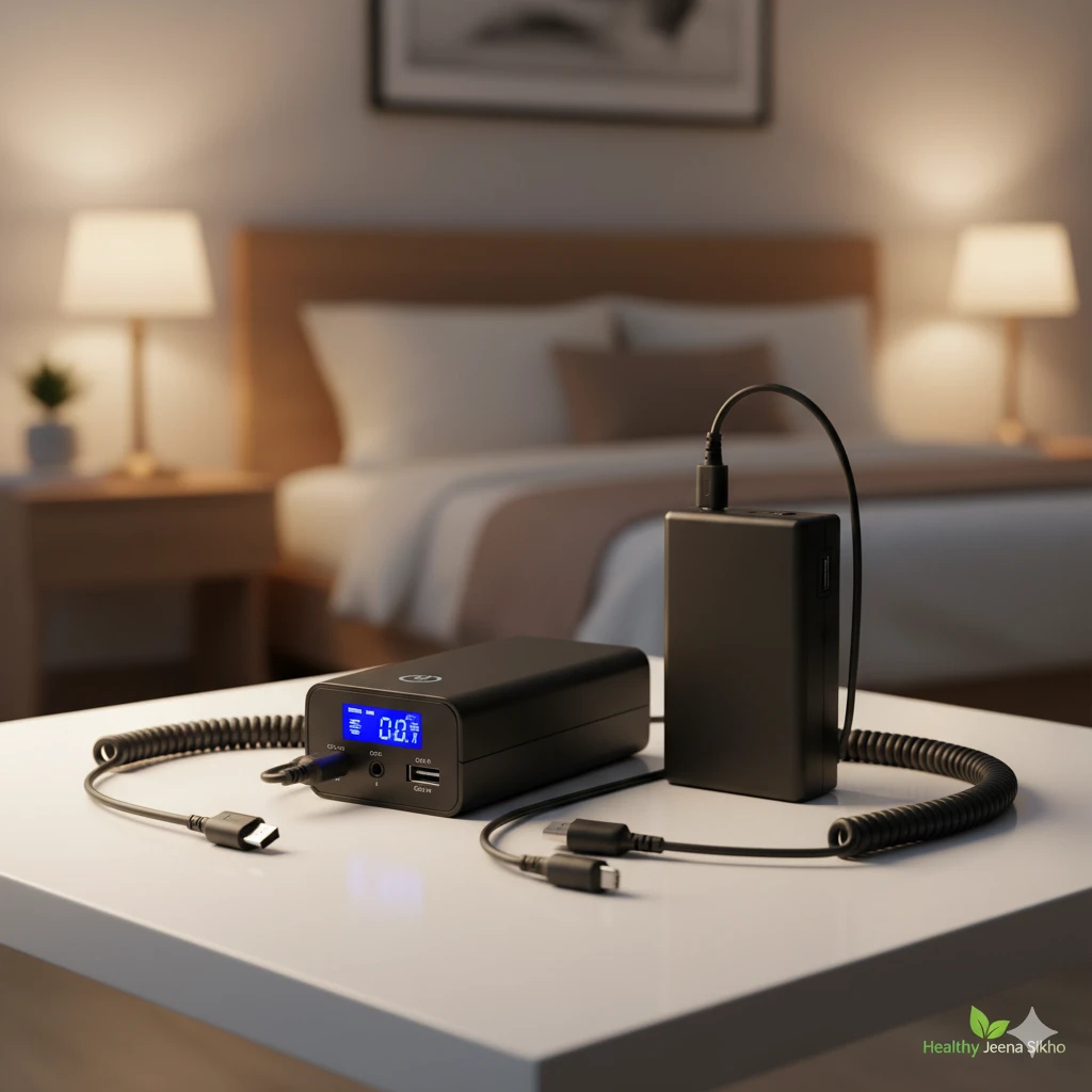 Two portable CPAP battery packs with charging cables, providing backup power for sleep apnea machines, on a table.