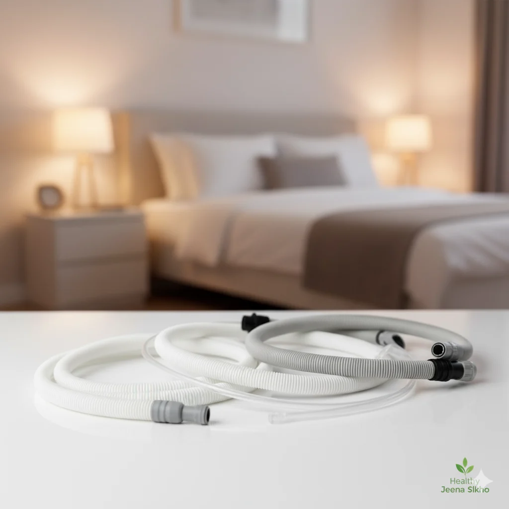 Assortment of white and grey CPAP and BiPAP hoses or tubing for respiratory therapy on a white table.