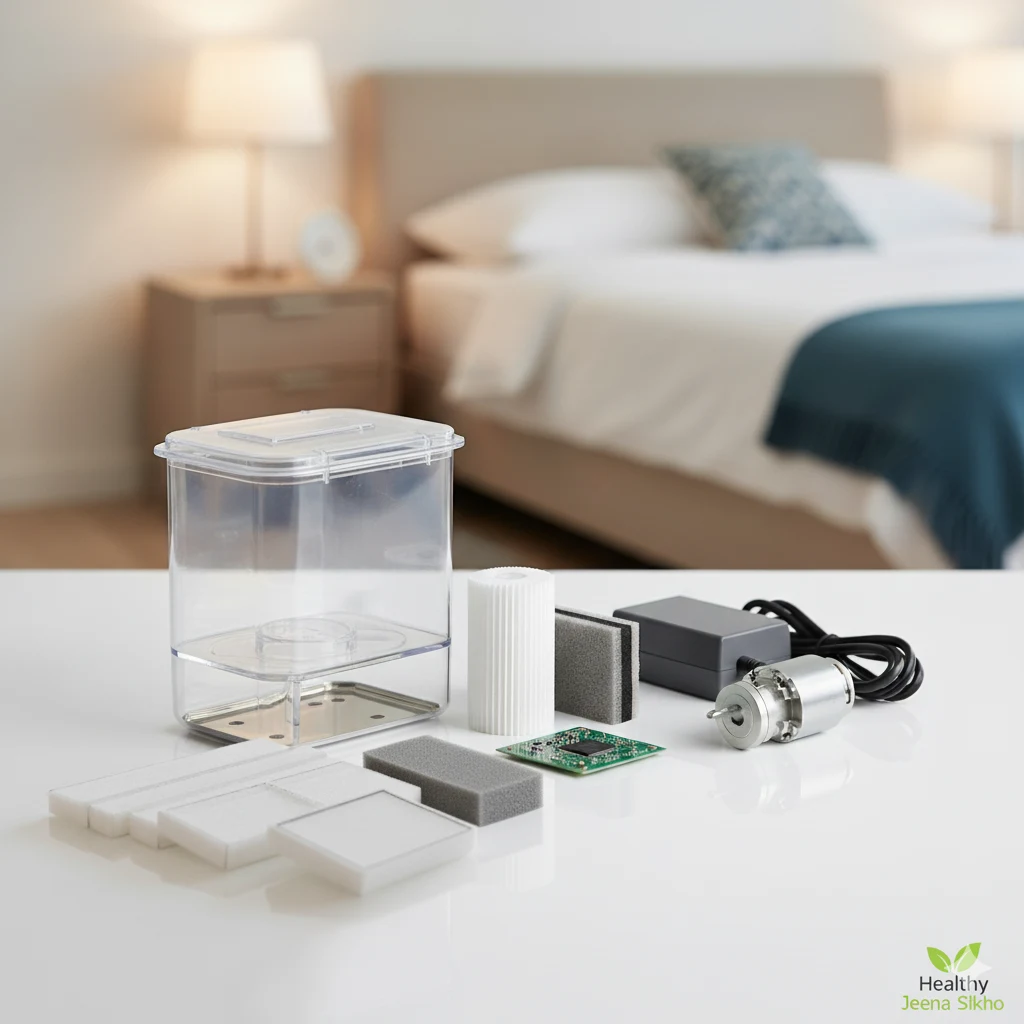 Various CPAP machine replacement parts, including a humidifier chamber, motor, circuit board, and filters, displayed on a table.

