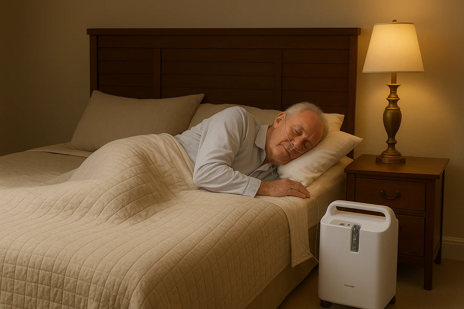 Elderly man sleeping peacefully with a nasal cannula connected to a home oxygen concentrator beside the bed in a bedroom.