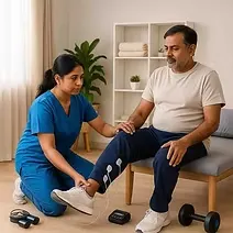 Physiotherapist providing neuromuscular disorder therapy to a patient using electrotherapy for knee rehabilitation at home.